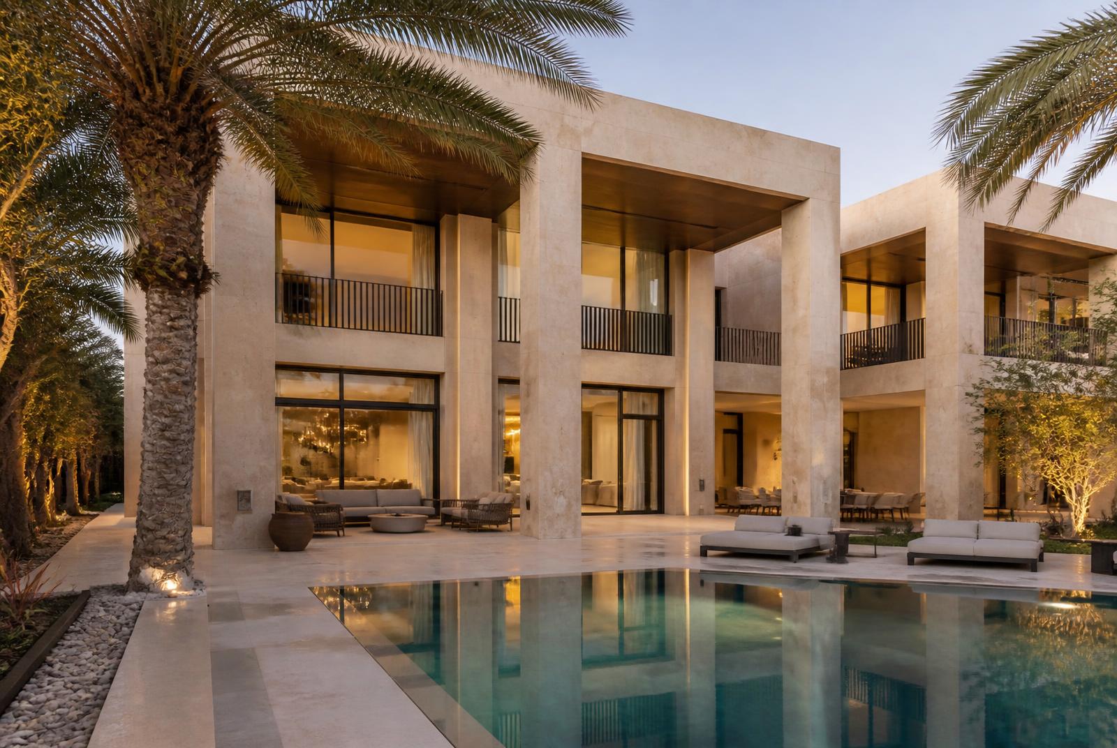 Moderne witte villa met palmbomen en zwembad in Dubai